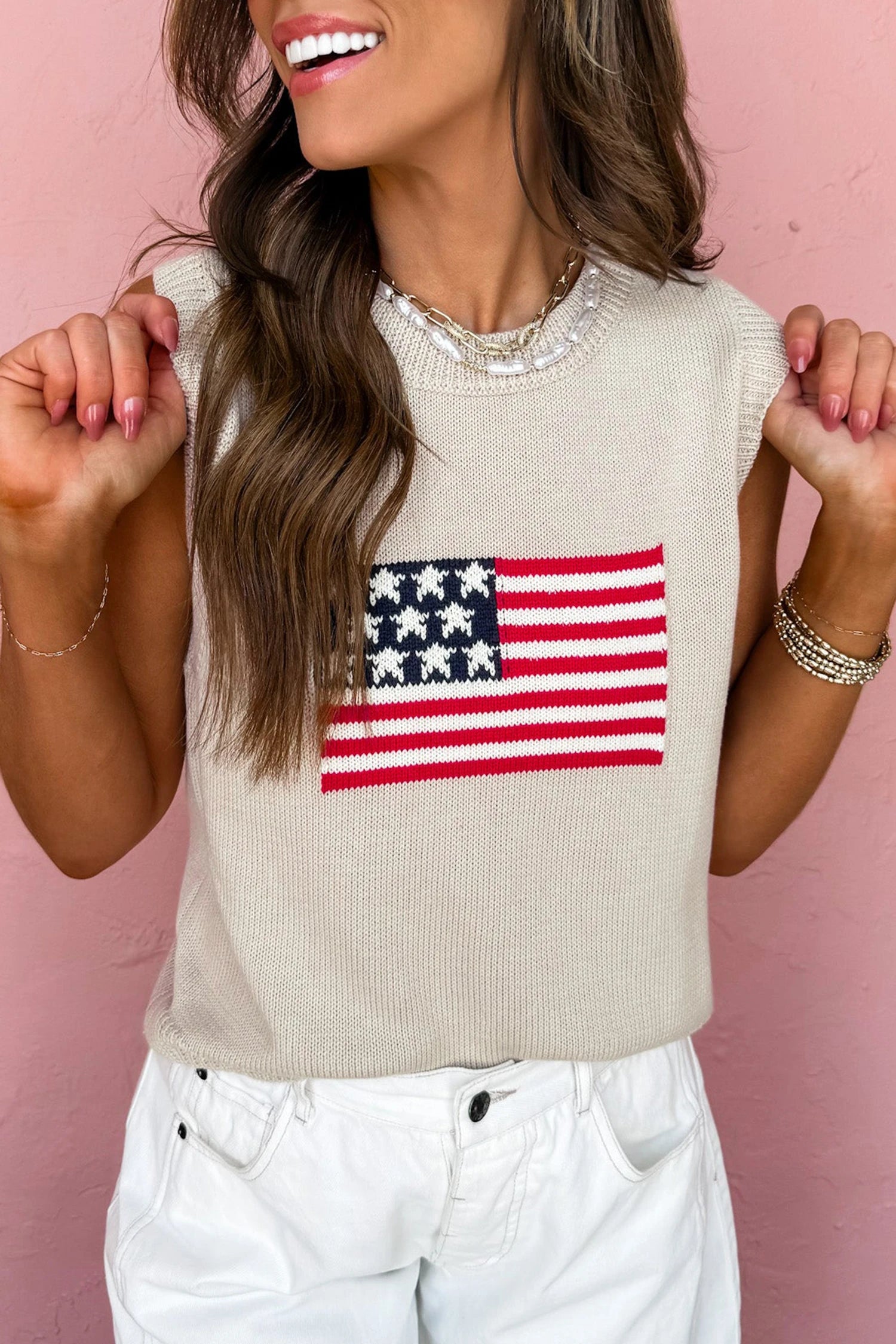 Beige American Flag Sleeveless Sweater