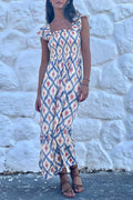 Sky Blue Printed Maxi Dress with Ruffle Straps