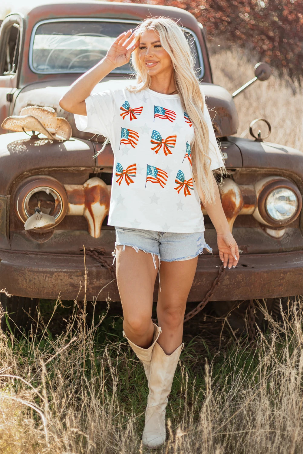 Patriotic Flag Bow Graphic Starry Tee Shirt