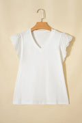 White Eyelet Embroidered Flutter Sleeve V Neck Tee