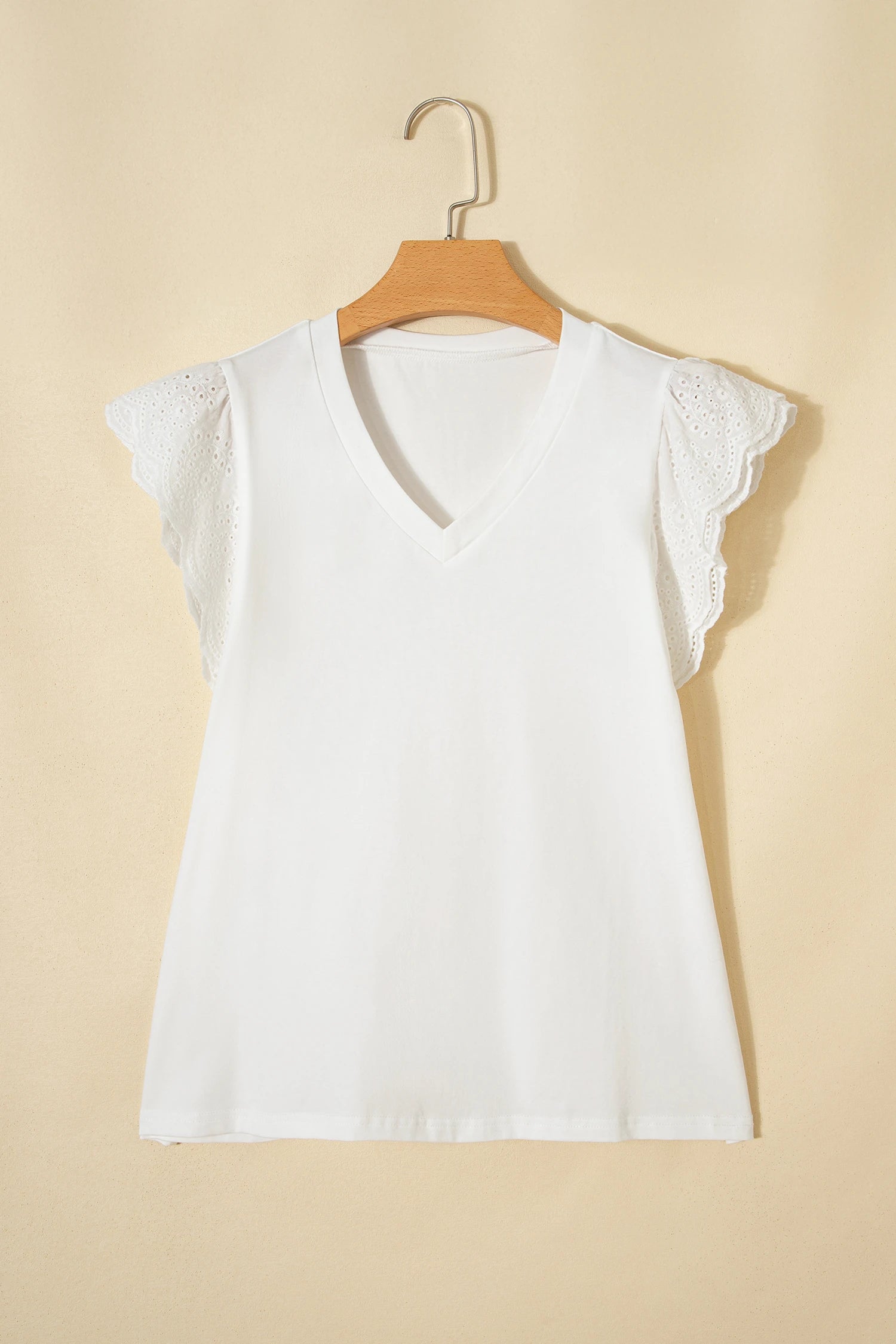White Eyelet Embroidered Flutter Sleeve V Neck Tee