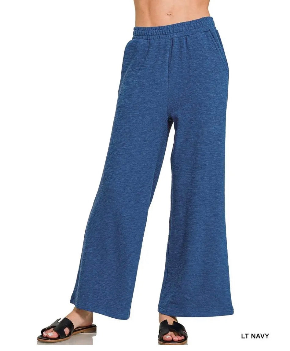 Zenana Navy Blue Wide Leg Terry Cloth Pants