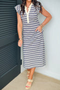 Blue Stripe Ruffled Short Sleeve Button Notched Midi Dress