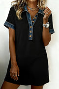 Black Waffle Knit Denim Button Polo Tee Dress