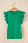Green Embroidered Ruffled Sleeve Crew Neck Top